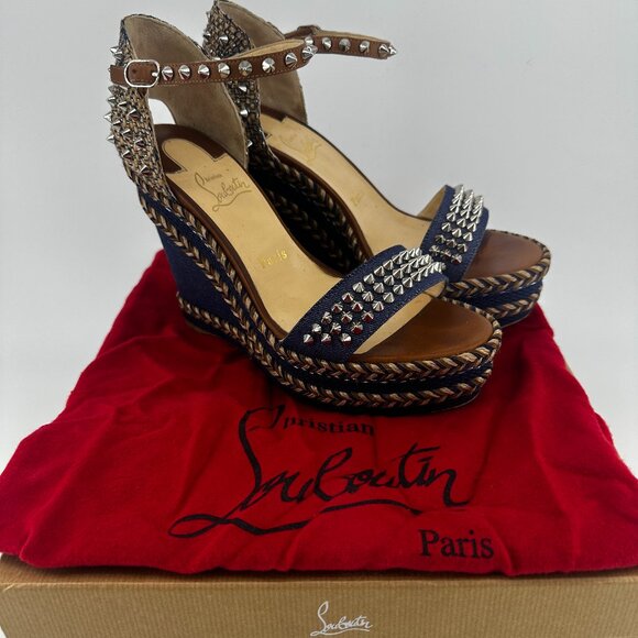 Louboutin Denim Wedge with Spike Accents - Size 39 - Picture 1 of 7
